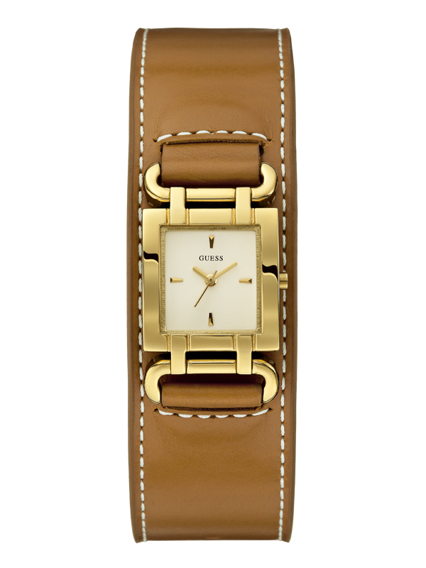 Guess Smoothy W0153L2 eckige goldene Damenuhr mit braunem Fashion-Armband