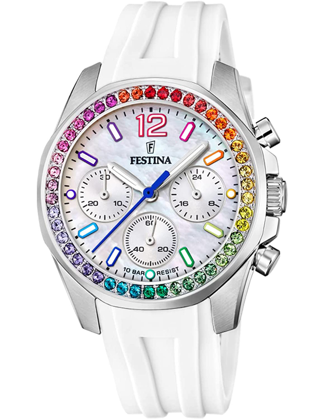8430622789052 - Chronograph FESTINA Boyfriend F20610 2 Armbanduhren weiß Damen Armbanduhr Quarzuhr Damen Stoppfunktion Zirkonia Regenbogenfarben