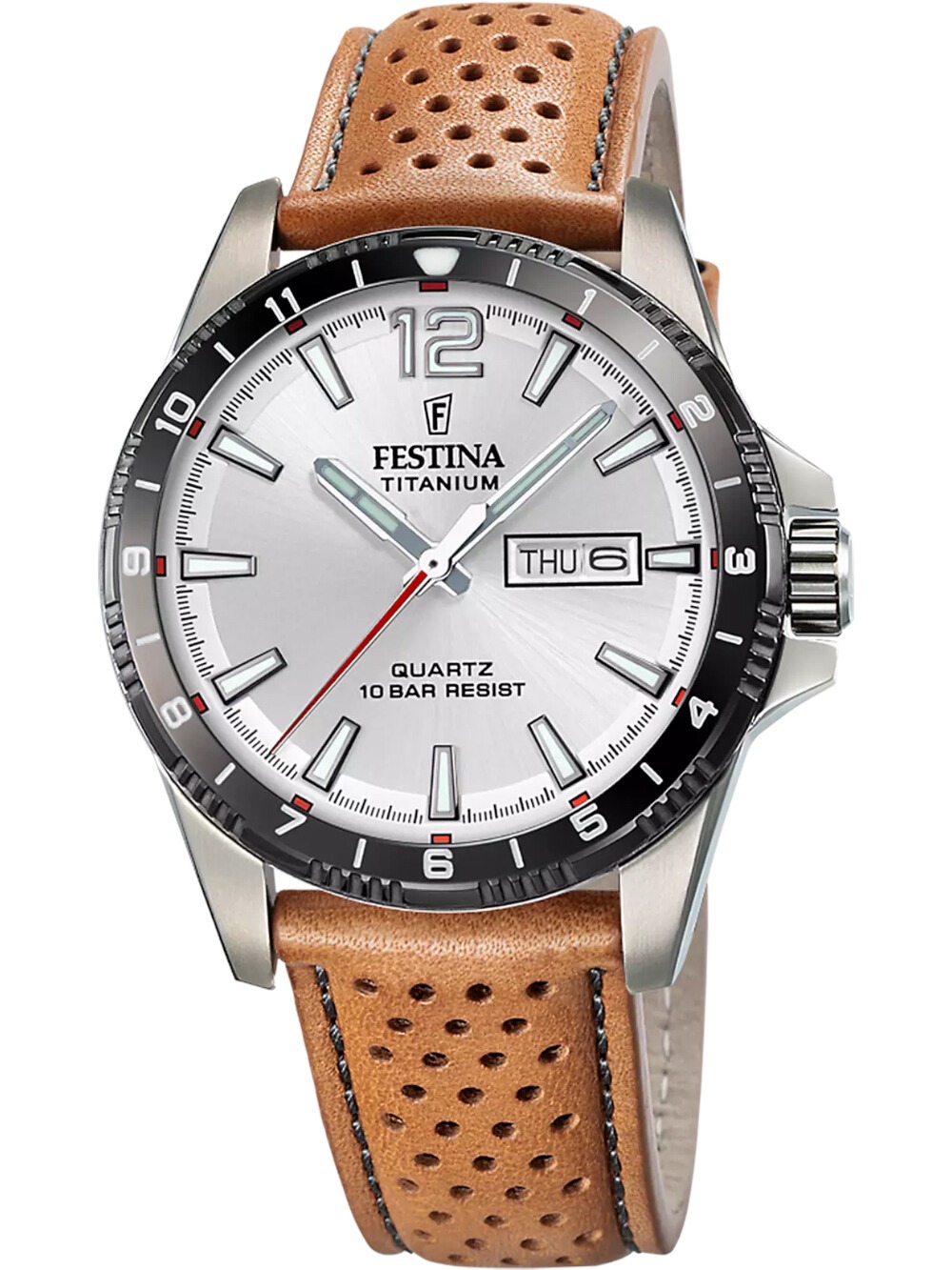 8430622830433 - Quarzuhr FESTINA Calendario Titanium Armbanduhren braun silberfarben Herren Armbanduhr Herrenuhr Lederarmband analog Tag Wochentag