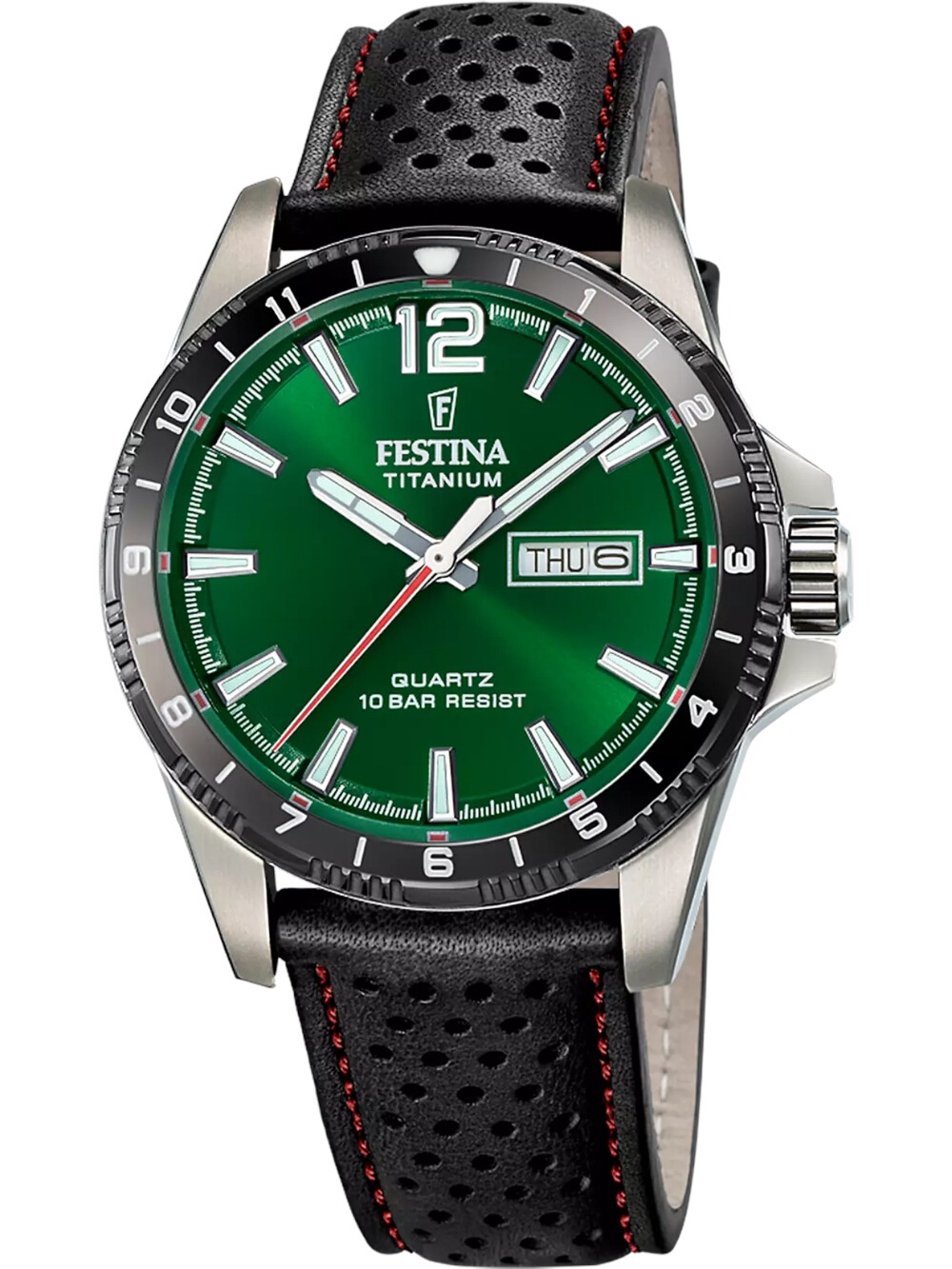 8430622830303 - Quarzuhr FESTINA Calendario Titanium Armbanduhren schwarz grün Herren Armbanduhr Herrenuhr Lederarmband analog Tag Wochentag