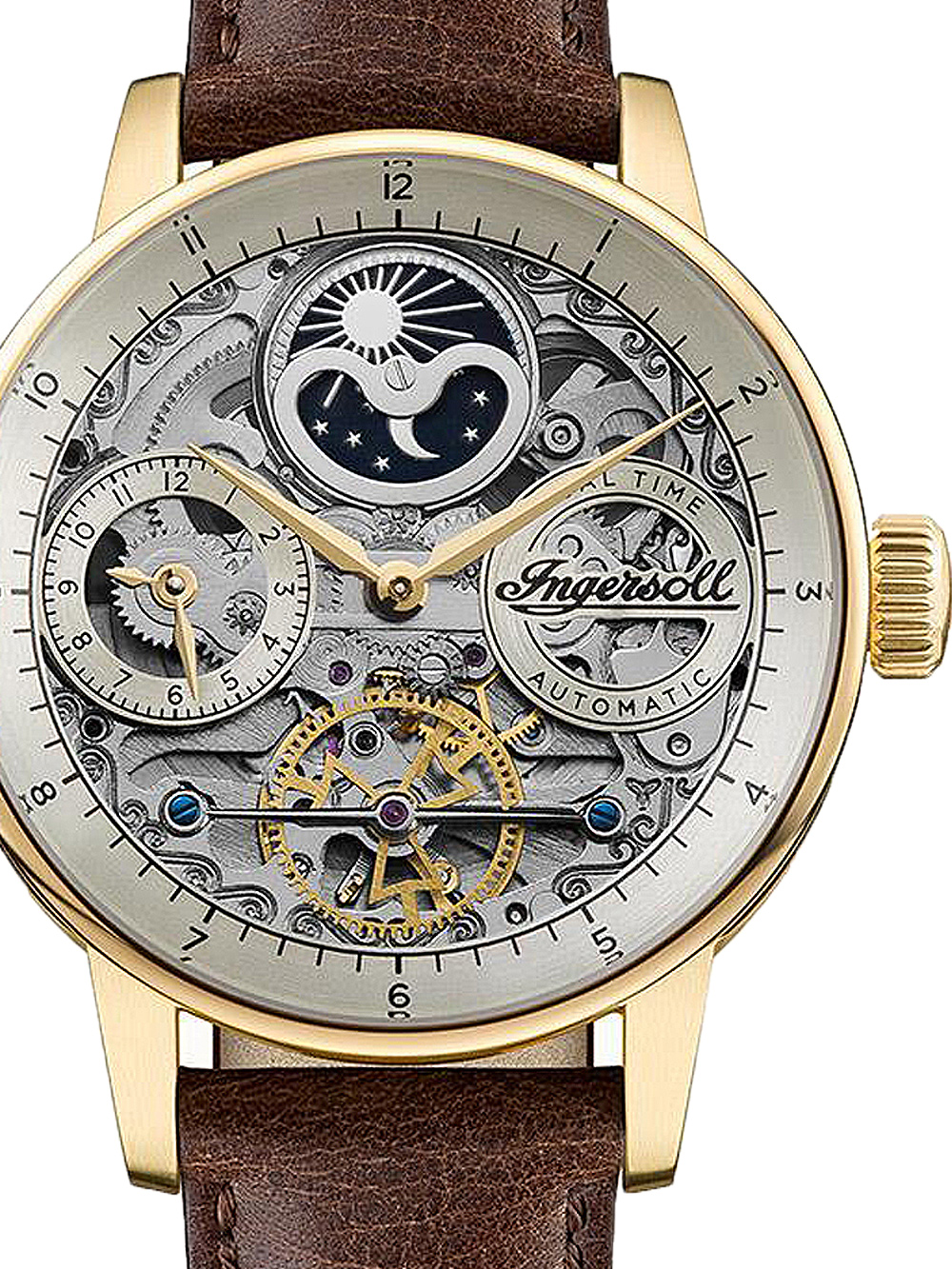 5013348513380 - The Jazz 42 mm Automatik-Mondphasenuhr für Herren mit hellgoldenem Skeleton-Zifferblatt und Braunem Echtlederarmband I07704 5013348513380 - The Jazz 42 mm Automatik-Mondphasenuhr für Herren mit hellgoldenem Skeleton-Zifferblatt und Braunem Echtlederarmband I07704