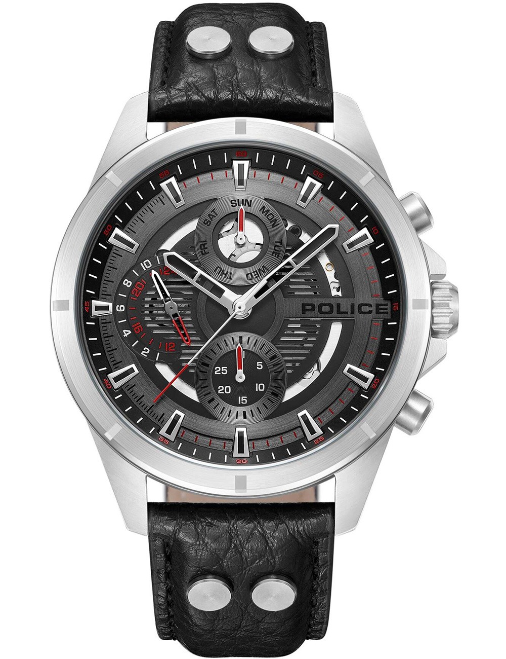 4894816091347 - Herren Armbanduhr Chronograph Leder Schwarz Silber 46mm Analog Quarz Uhrzeit Datum Herrenuhr