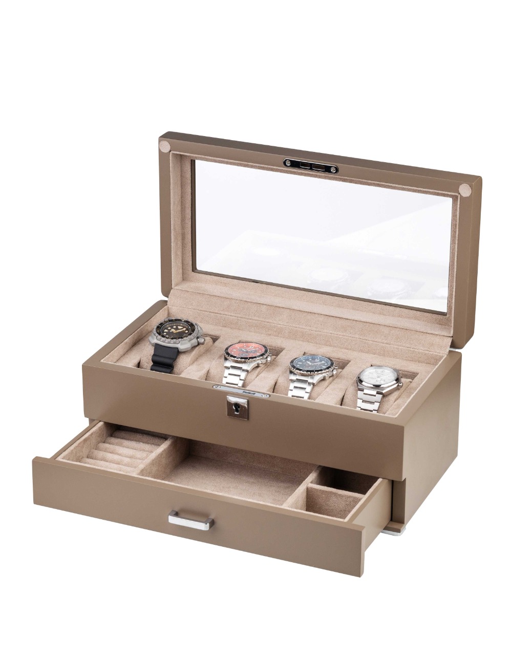 4260156291622 - RS-3421-4-TA-TAN Uhrenbox braun [4] mit beigem Samt + Schublade
