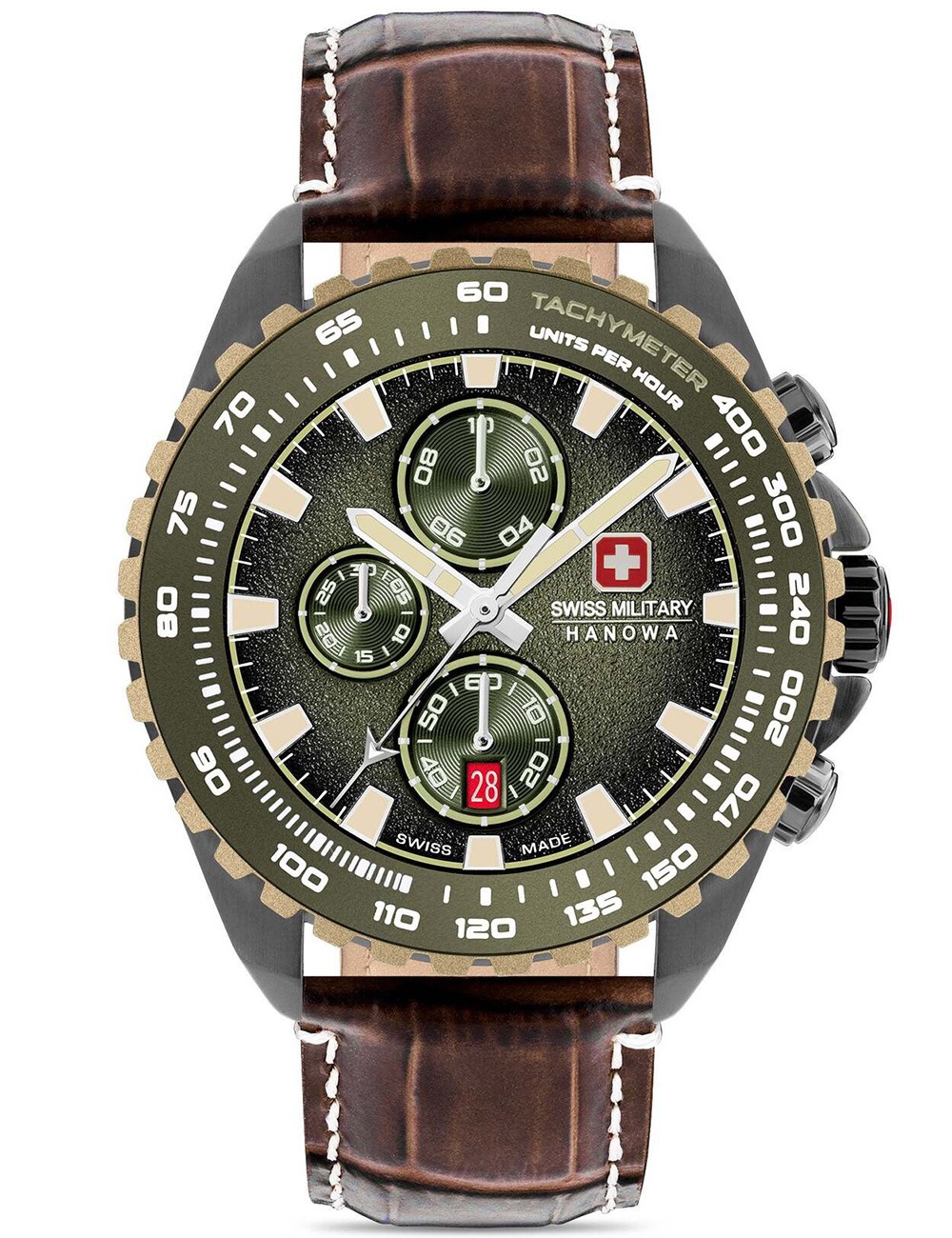 7620958010215 - Mens Wrist Watch Chronograph Green Brown Leather 44mm Herrenuhr Armbanduhr Chronograph Leder
