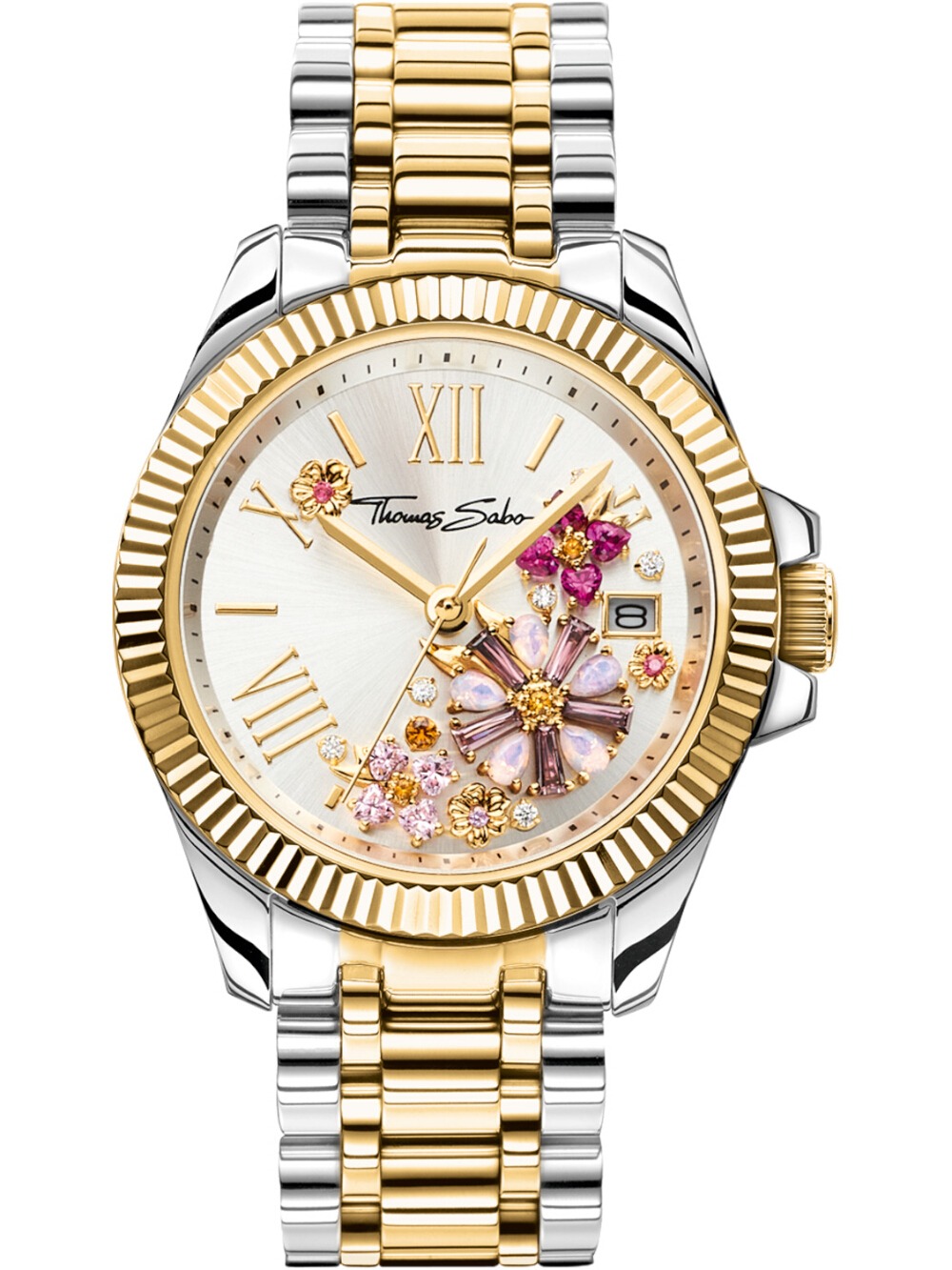 4051245520156 - Damenuhr Blumen aus rosafarbenen Steinen Bicolor